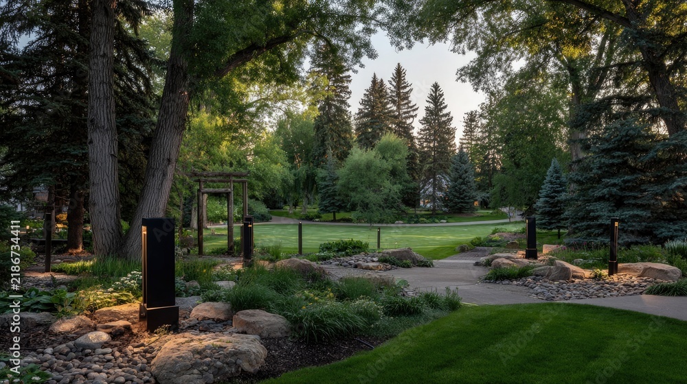 Obraz premium Landscaped garden pathway with lighting among trees and greenery in daylight