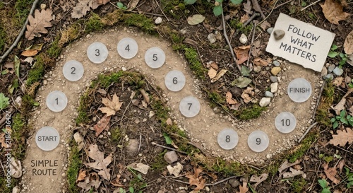 Tapety artystyczne Numbered Stone Path Winding Through Forest Floor with Moss and Fallen Leaves