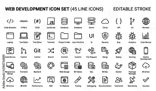 Web Development Line Icon Set 45 Icons Editable Stroke Coding Programming UI UX Software Technology Outline Symbols Vector Illustration