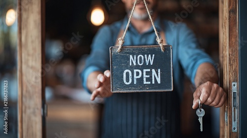 Barista unlocking coffee shop door with now open sign welcoming customers to a new day of coffee and community