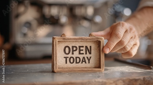 A hand setting an open today sign on a cafe counter inviting customers to enjoy delicious offerings and warm ambiance.