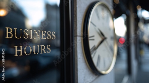 Stylish business hours signage featuring a classic clock in a contemporary city environment