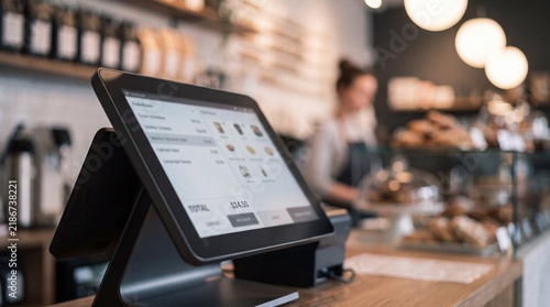 A digital point of sale terminal displays a transaction total on a wooden counter inside a cafe with barista working background touchscreen cash register