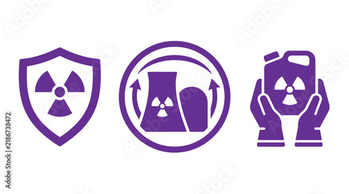 Nuclear safety and hazard icons featuring radiation warnings radiation protection handling dangerous security industrial precaution prevention management container
