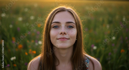 Young woman smiling in a flower field during sunset  