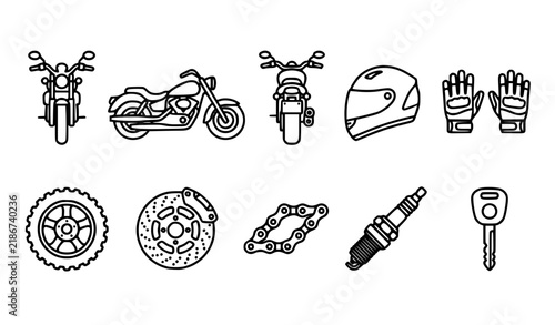 Motorcycle Parts and Riding Outline Icons Vector Set
