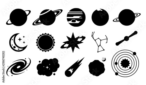 Cosmic Celestial Bodies Planets Moons Stars Galaxy Flat Vector Icons