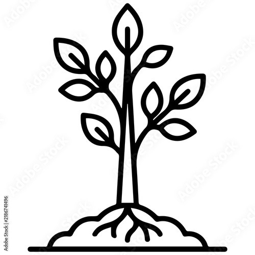 Black line art illustration of a young plant seedling with visible roots in soil seedling agriculture