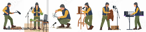 Bild auf Leinwand Set of illustrations showing a male foley artist creating various sound effects using props and recording equipment in a professional studio setting