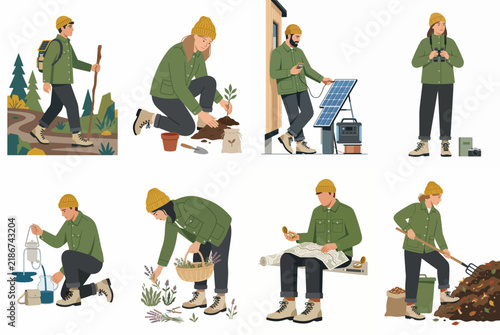Collection of flat illustrations showing people engaging in sustainable activities like gardening, solar energy use, composting, and exploring nature.
