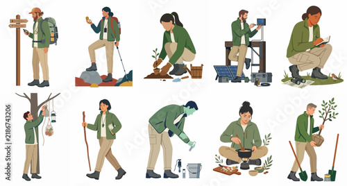 Flat Illustration Collection of Diverse Foresters and Researchers Engaging in Various Outdoor Environmental Conservation and Scientific Fieldwork Activities