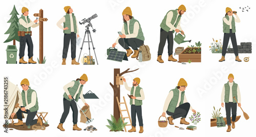 Flat vector illustrations of people engaged in sustainable outdoor activities including gardening, recycling, camping, birdwatching, and solar energy use.
