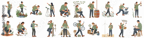 Collection of diverse character illustrations showing people engaged in outdoor adventures, nature conservation, sustainable living, and environmental exploration activities on white background.
