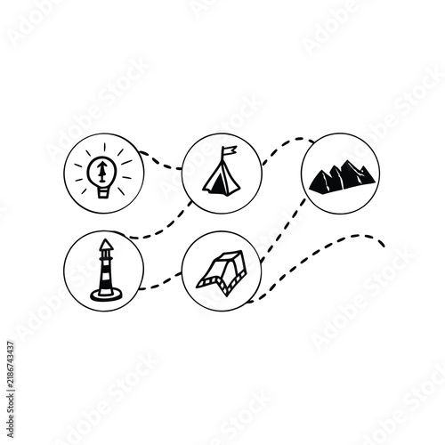 Journey progress path icons showing steps from idea and lighthouse to mountain camp and banner