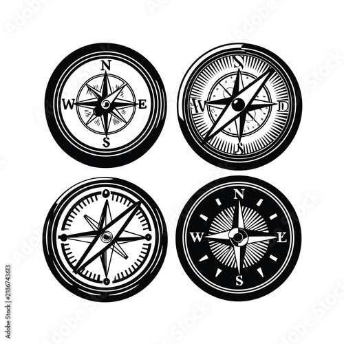 Vintage compass navigation icons set with directional windrose symbols for travel and mapping