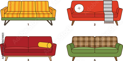 Foto Retro living room sofa vector collection colorful upholstered couch set throw bl