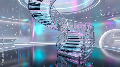 Futuristic 3D Illustration of a Musical Spiral Staircase with Piano Key Steps in a Luminous Studio