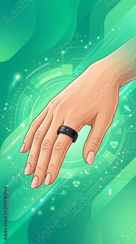 Close-up of Hand Wearing Black Ring on Green Abstract Background.