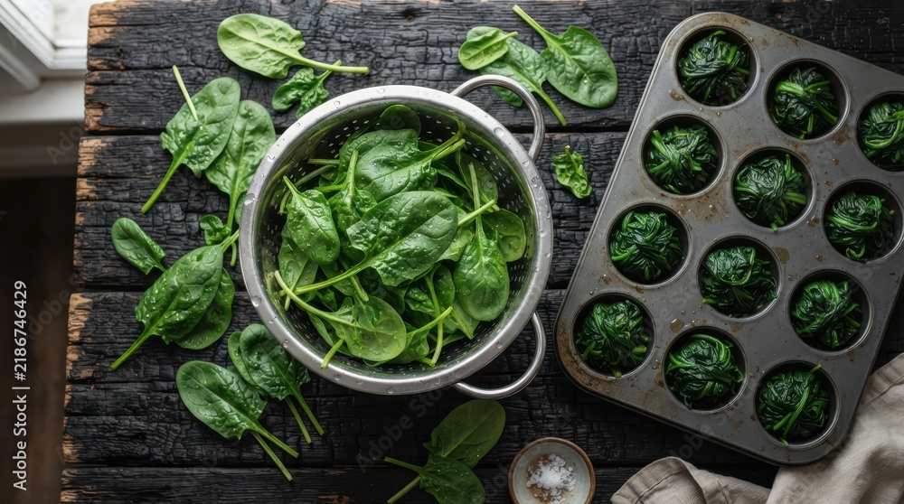 Fototapeta premium Fresh spinach leaves in a colander and cooked spinach in a muffin tin on a charred wooden table