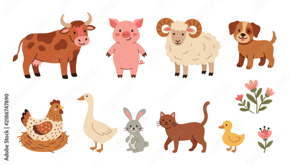 Obraz premium Cute Cartoon Farm Animals Icon Set Featuring Kawaii Cow Pig Sheep Dog Hen Goose Rabbit Cat and Duckling Characters Vector Illustration