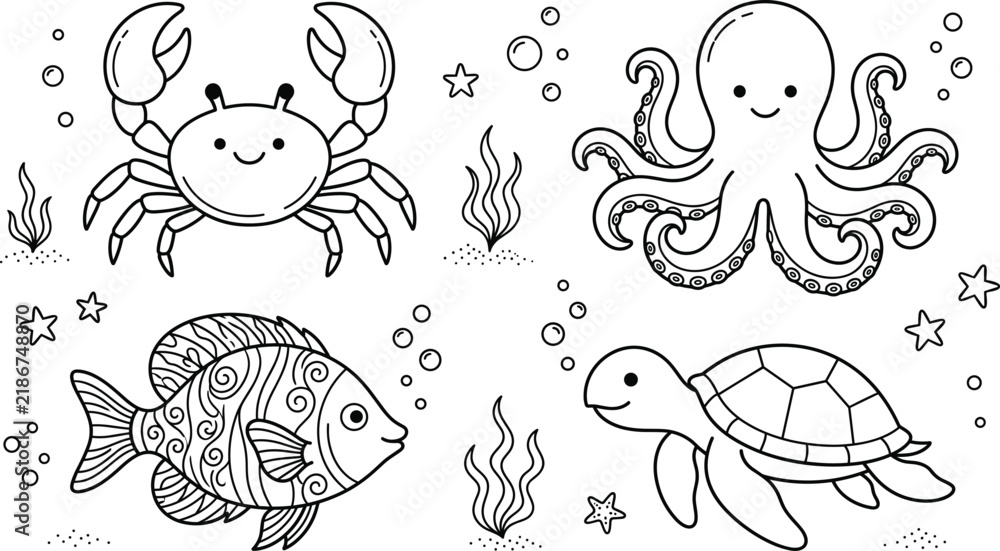 Fototapeta premium Cute sea animals line art vector set featuring octopus crab turtle fish seaweed and underwater bubbles doodle elements