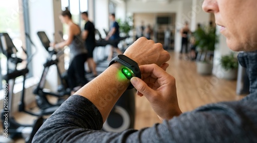 Person checking heart rate on a smart fitness tracker inside a gym