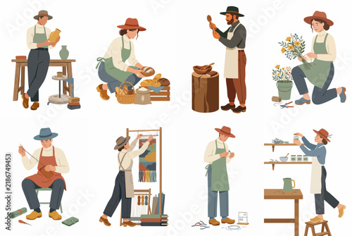 Flat illustration set of people engaged in various traditional crafts like pottery, baking, woodworking, and gardening on a white background.