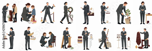 фотографія Comprehensive collection of illustrations depicting funeral directors and morticians performing various professional duties and providing compassionate support to grieving families