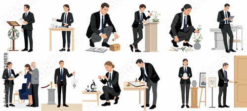 Canvastavla Professional funeral directors and morticians set of illustrations showing vario