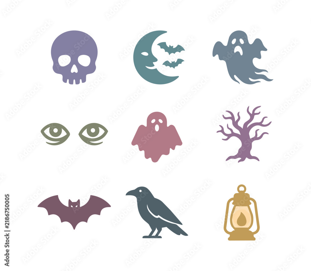 Obraz premium Spooky Halloween Silhouette Icon Set, Creepy Flat Vector Symbols Collection