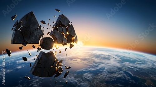 A shattered radioactive symbol floating above the Earth planet during a sunrise.