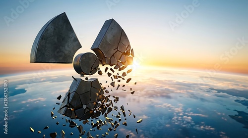 A crumbling radioactive hazard symbol floating above the Earth planet at sunset.
