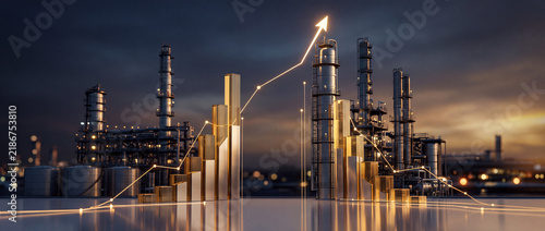 Industrial refinery plant at sunset with glowing golden bar charts and upward trending arrow, symbolizing economic growth, energy production success, and market profit analysis.