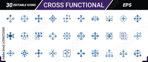 Cross functional icons set with blue lines for organizational structure workflow and management.