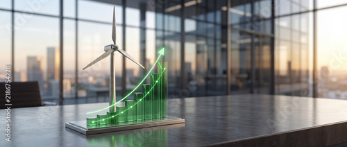 Miniature wind turbine model and rising green bar chart on a modern office desk, symbolizing sustainable energy growth, renewable investments, and ecological corporate success.