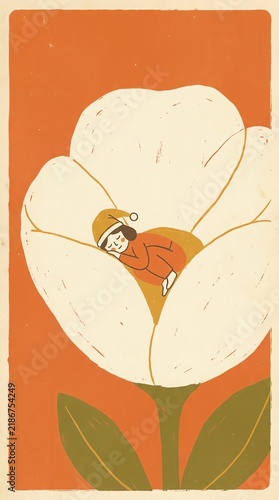 Stylish Illustration of a White Flower with Green Leaves and Orange Background.