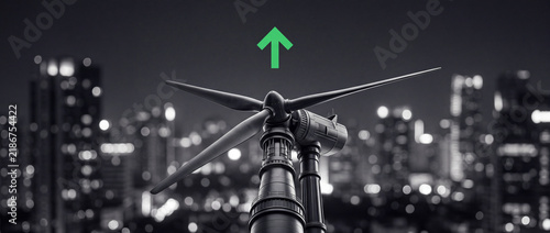 Modern wind turbine with green upward arrow against blurred night city skyline, representing sustainable energy growth, eco-friendly investment, and clean power infrastructure concepts.