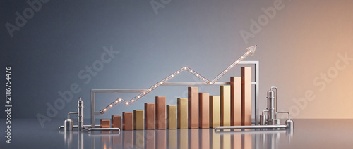 Professional 3D bar chart with an illuminated upward arrow and industrial metallic elements representing financial growth, economic success, and banking performance on a gray background.