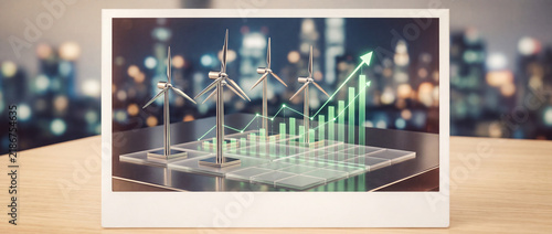 Renewable energy investment concept featuring wind turbines and glowing green growth chart against a blurred city bokeh background on a photo print.