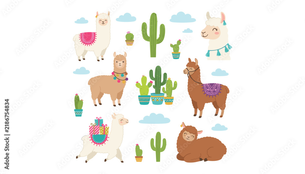 Obraz premium PrintCute llama and alpaca vector elements set with desert cactus plants clouds and colorful festive tribal decorations