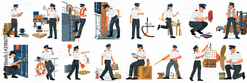 Foto Collection of flat illustrations showing maritime crew and naval officers engaged in diverse shipboard tasks, maintenance, and operational duties