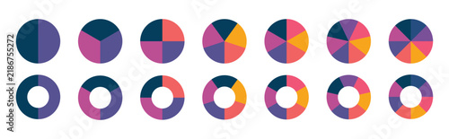 Set of colorful pie charts. Colorful pie charts with varying segments. Circle section graph.  Circle icons for infographic, UI, web design, business presentation. Vector illustration. 