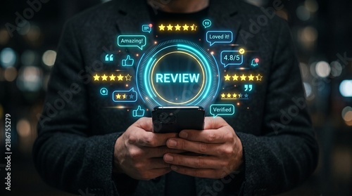 Customer Feedback and Digital Review: A person holds a smartphone, interacting with a glowing digital interface displaying customer reviews, star ratings, and positive feedback.