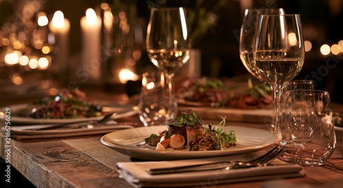 Elegant restaurant table setting with gourmet food and wine glasses at night