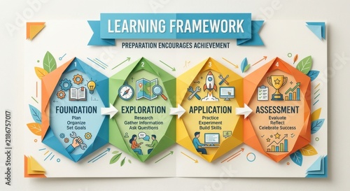 A Colorful Learning Framework Diagram Illustrating the Path to Achievement Through Exploration, Application, and Assessment