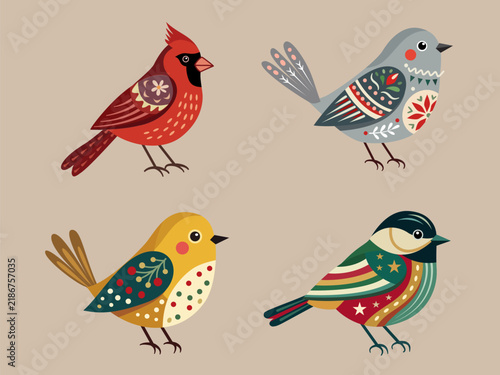 Four colorful folk-art stylized birds with decorative patterns, arranged on a light brown background.