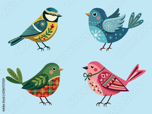 Four colorful folk-art stylized birds with decorative patterns, arranged on a light blue background.