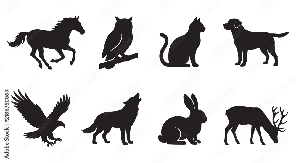 Obraz premium Animal Silhouette Set Horse Owl Cat Dog Eagle Wolf Rabbit Deer Vector Icons