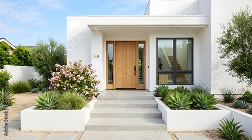 Modern minimalist house exterior with white walls, wooden front door, concrete steps, and landscaped garden with succulents and blooming pink flowers