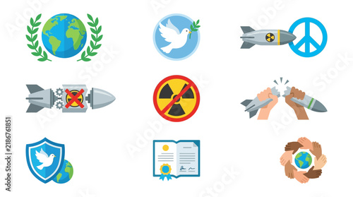Collection of flat vector icons representing global peace and anti-war concepts.